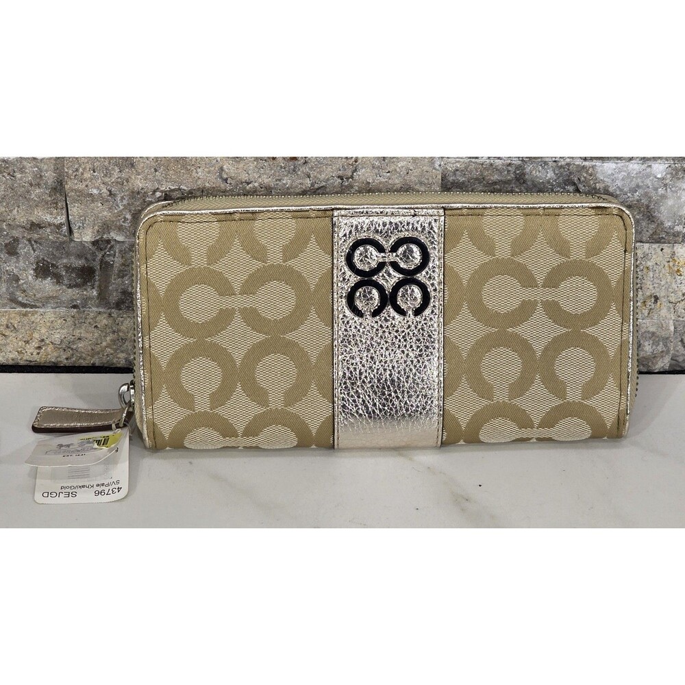 NWT Coach Julia Op Art Signature Zip Wallet Khaki Canvas Gold Metallic Leather